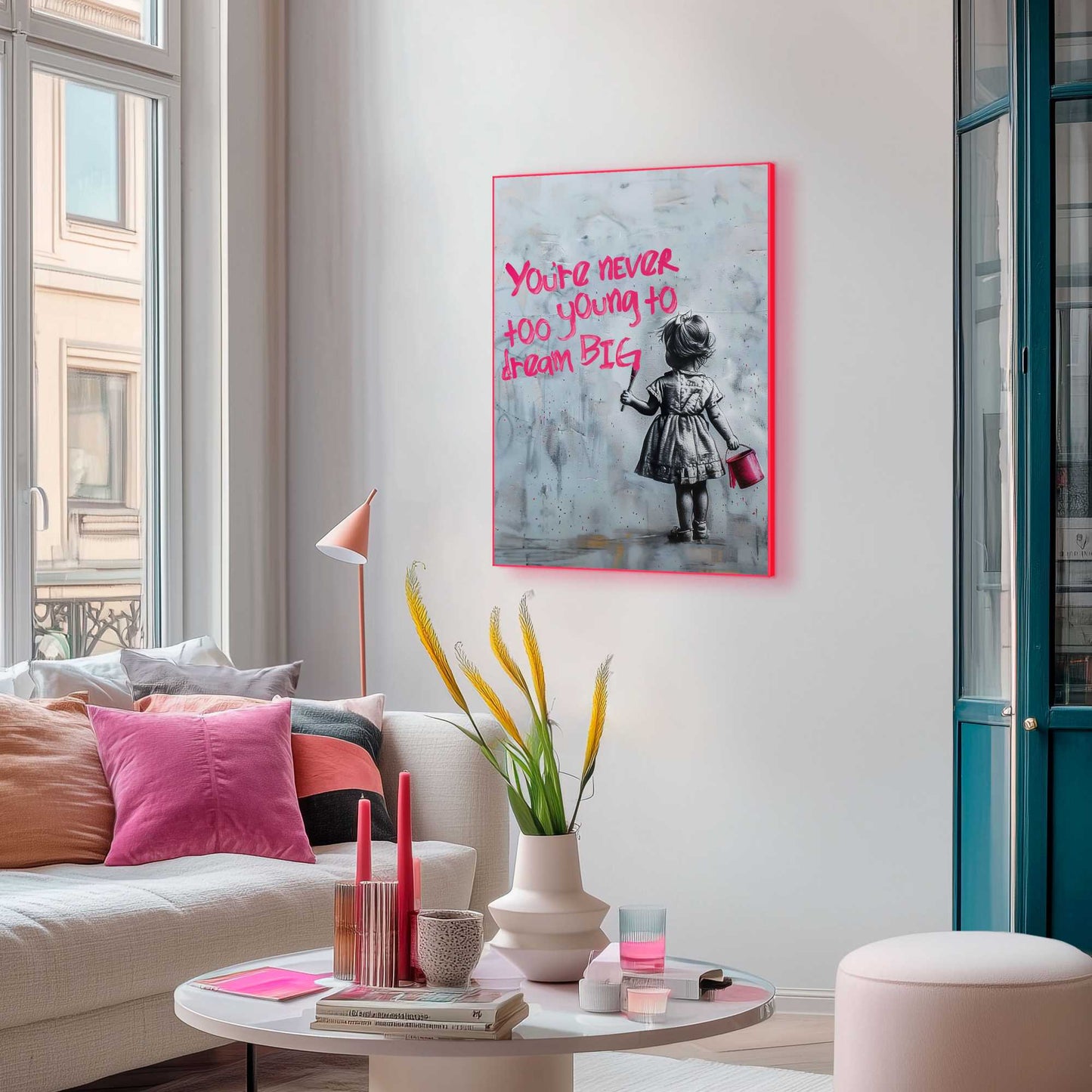 Framed Poster Never Too Young in Neon 70x50