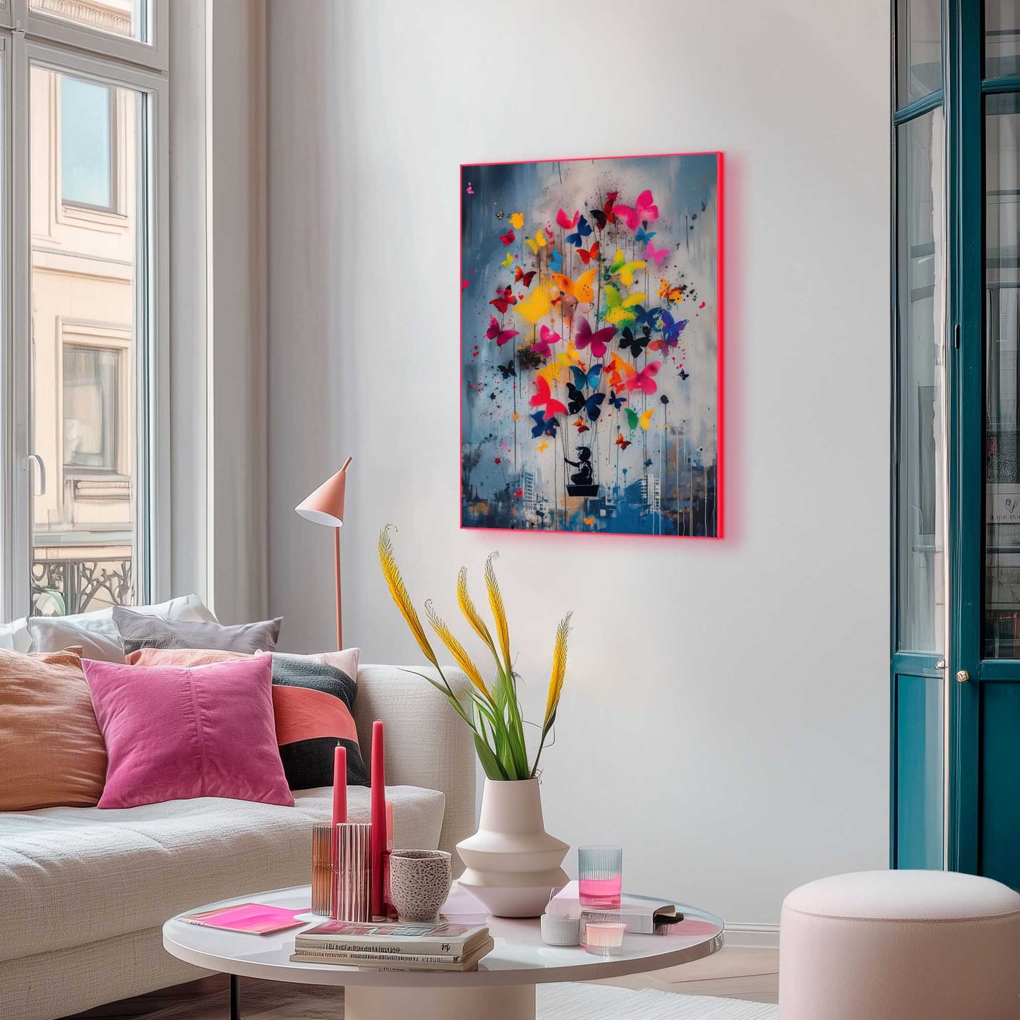 Framed Poster Bright Butterflies in Neon 70x50