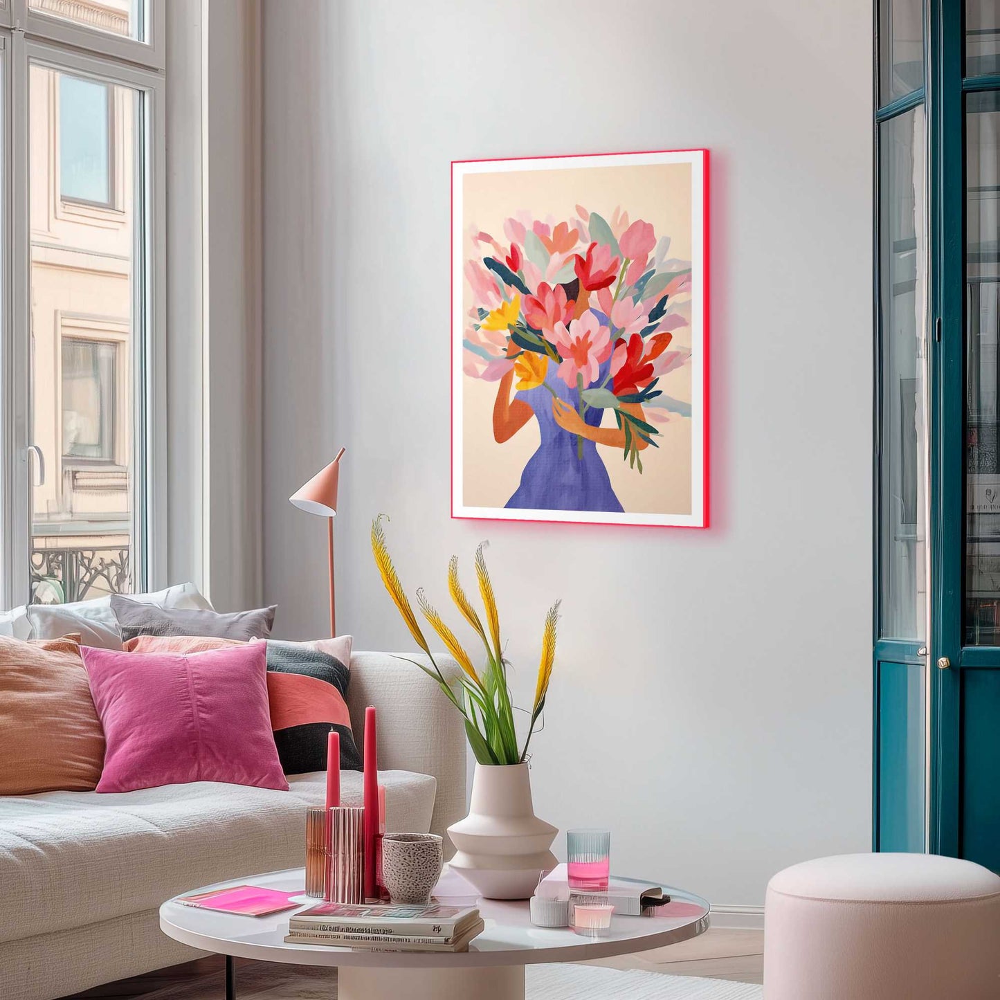 Framed Poster Dressed Lady Flowers in Neon 70x50