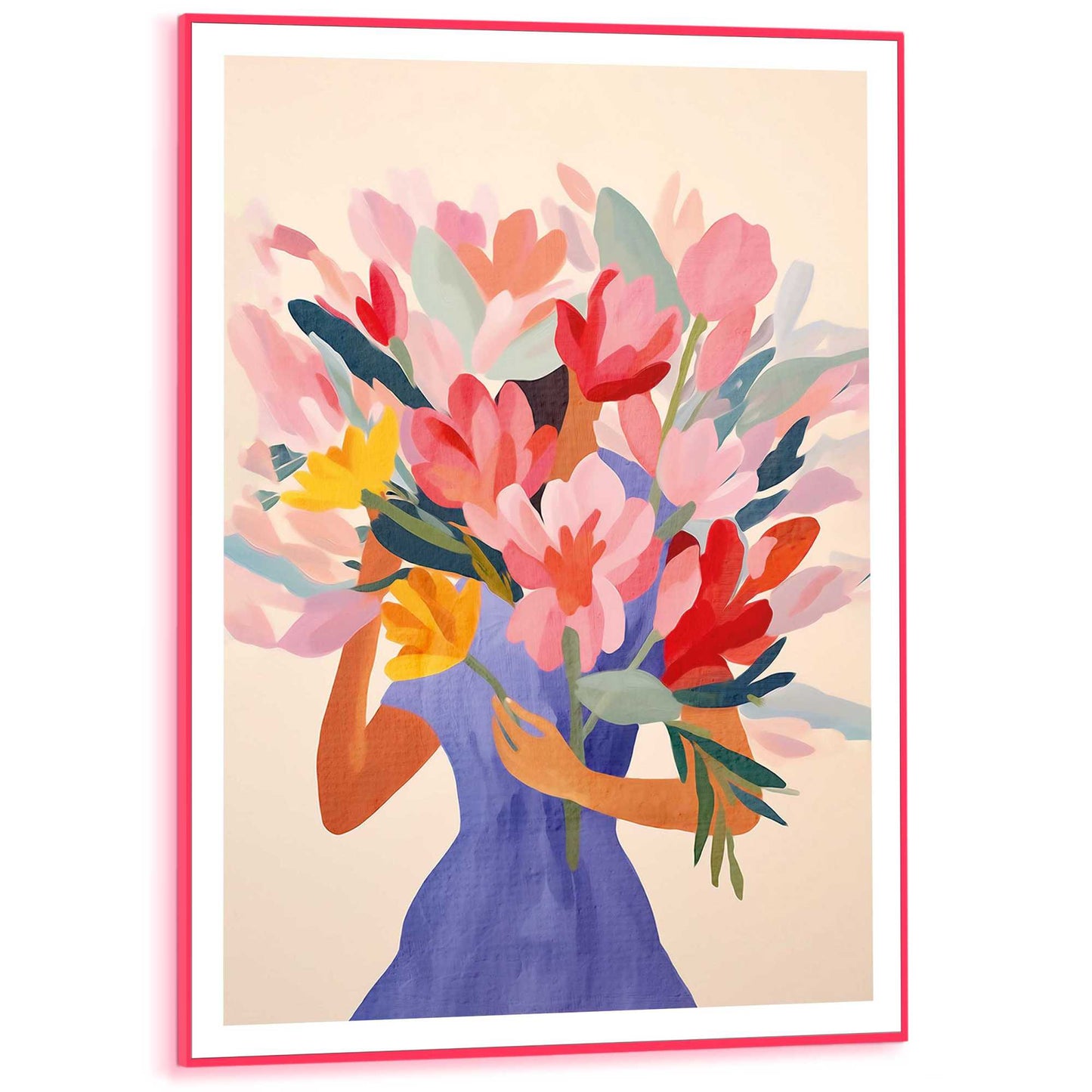 Framed Poster Dressed Lady Flowers in Neon 70x50