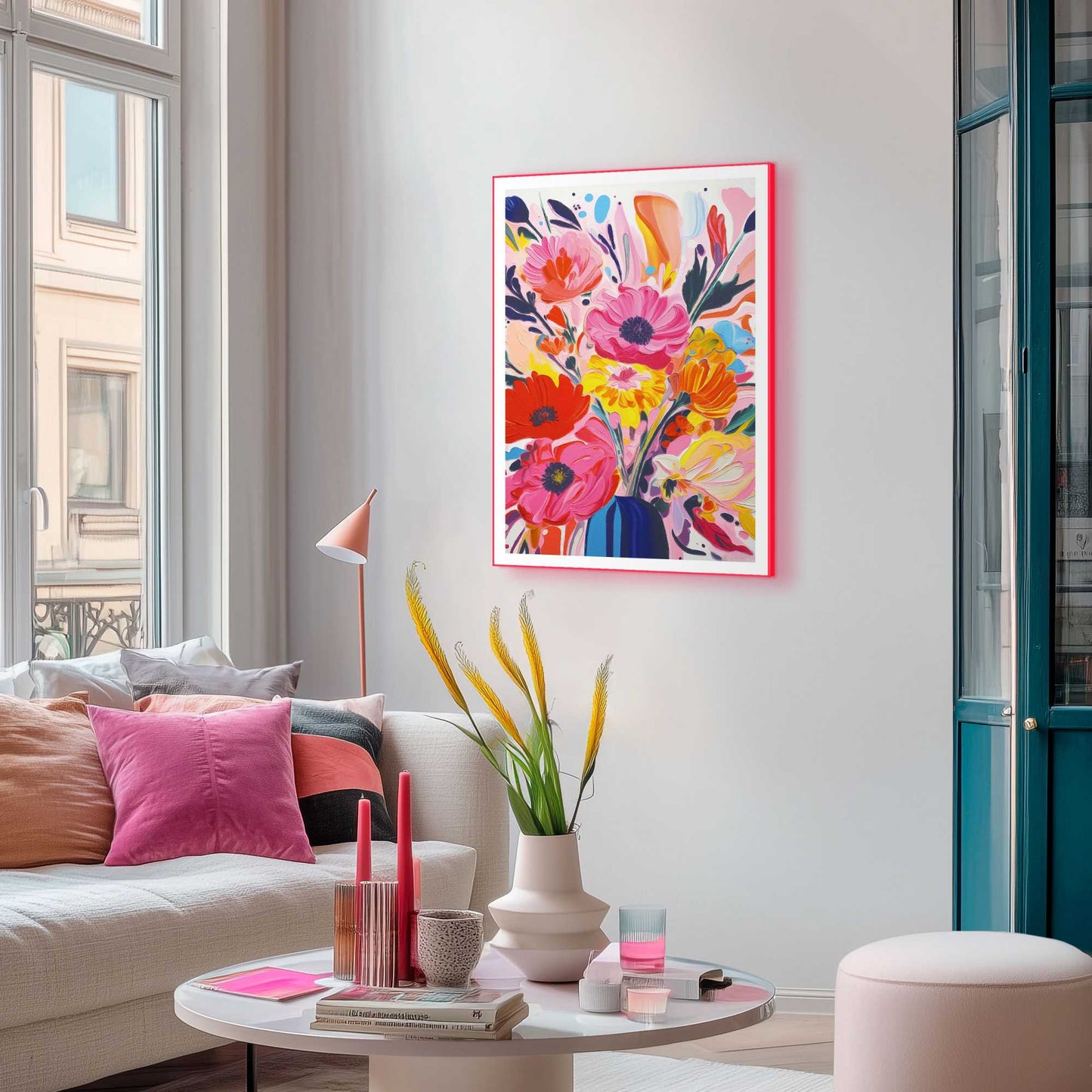Framed Poster Spring Flower Vase in Neon 70x50
