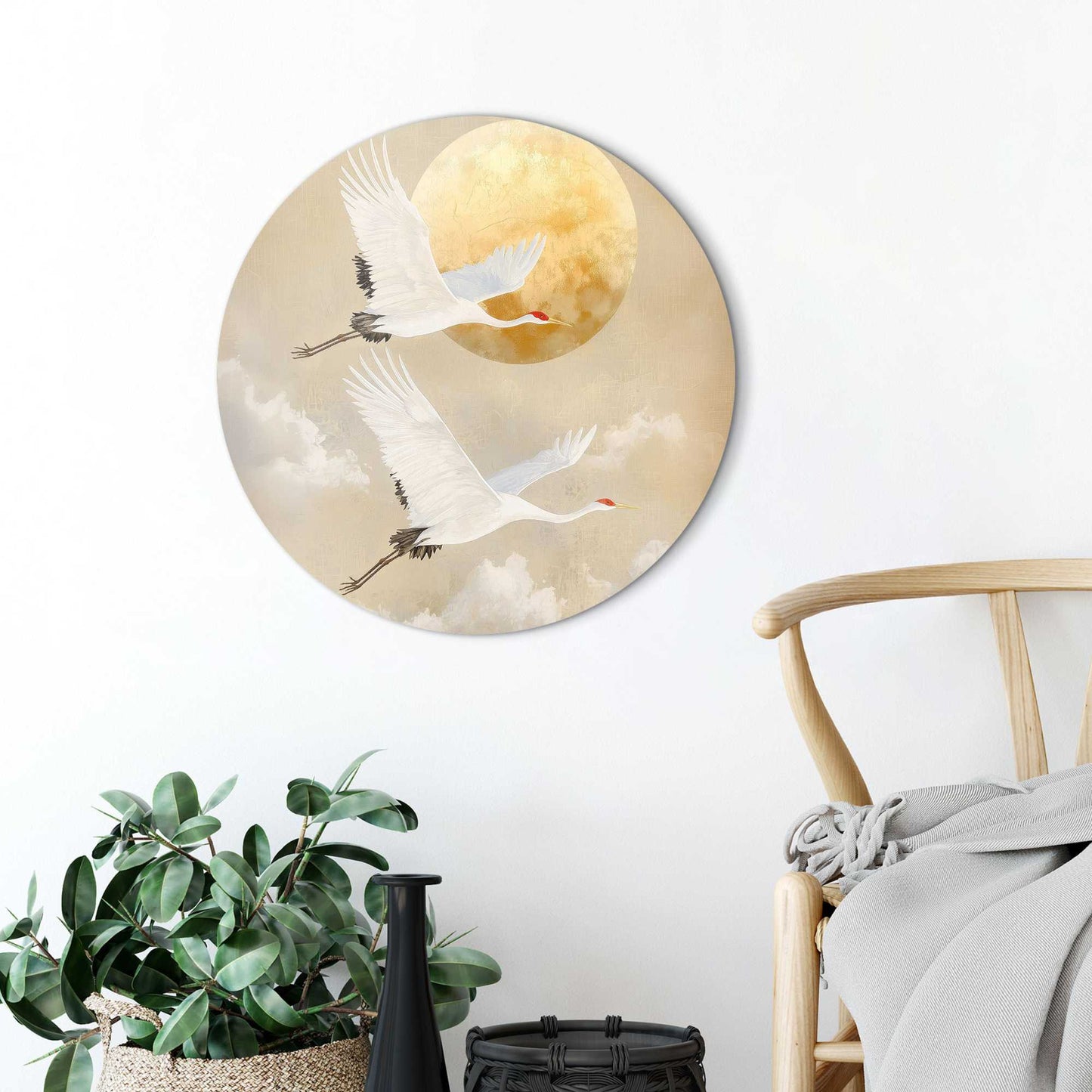 Circle Art Cranes flying by the moon 50x50