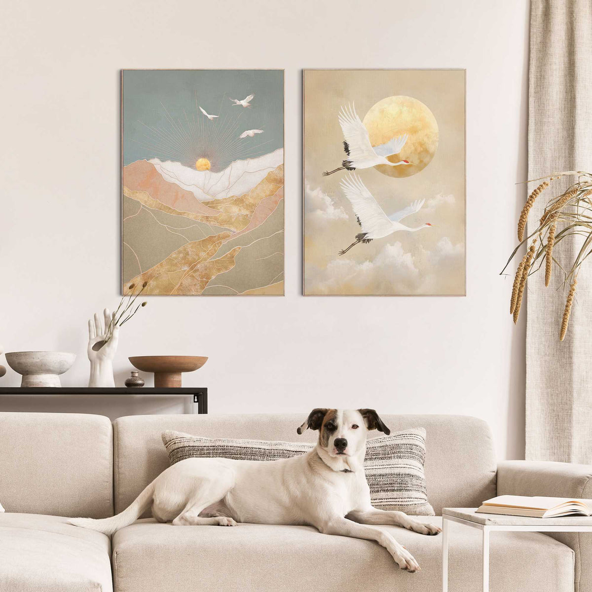 Framed Poster Cranes & Sunrise Set 70x50