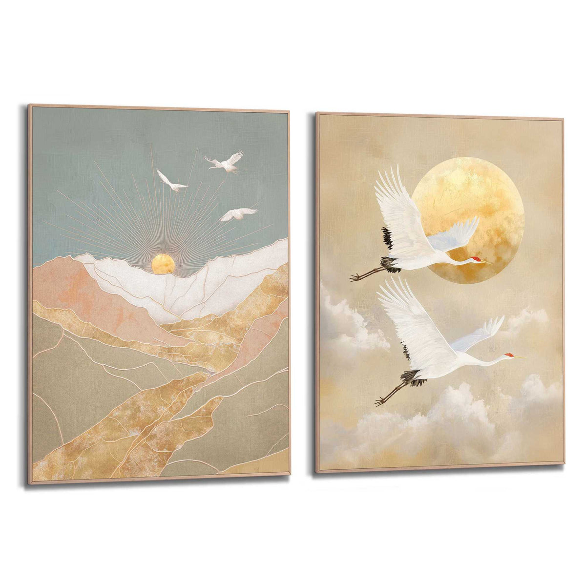 Framed Poster Cranes & Sunrise Set 70x50